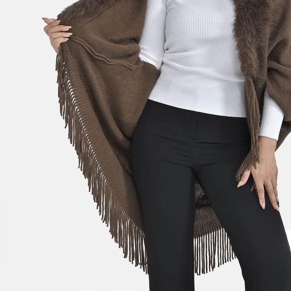 KIMONO/BROWN TRENDY AND LUXURIOUS FAUX FUR TRIMMED WITH FRINGES O/S💕 - Picture 3 of 5